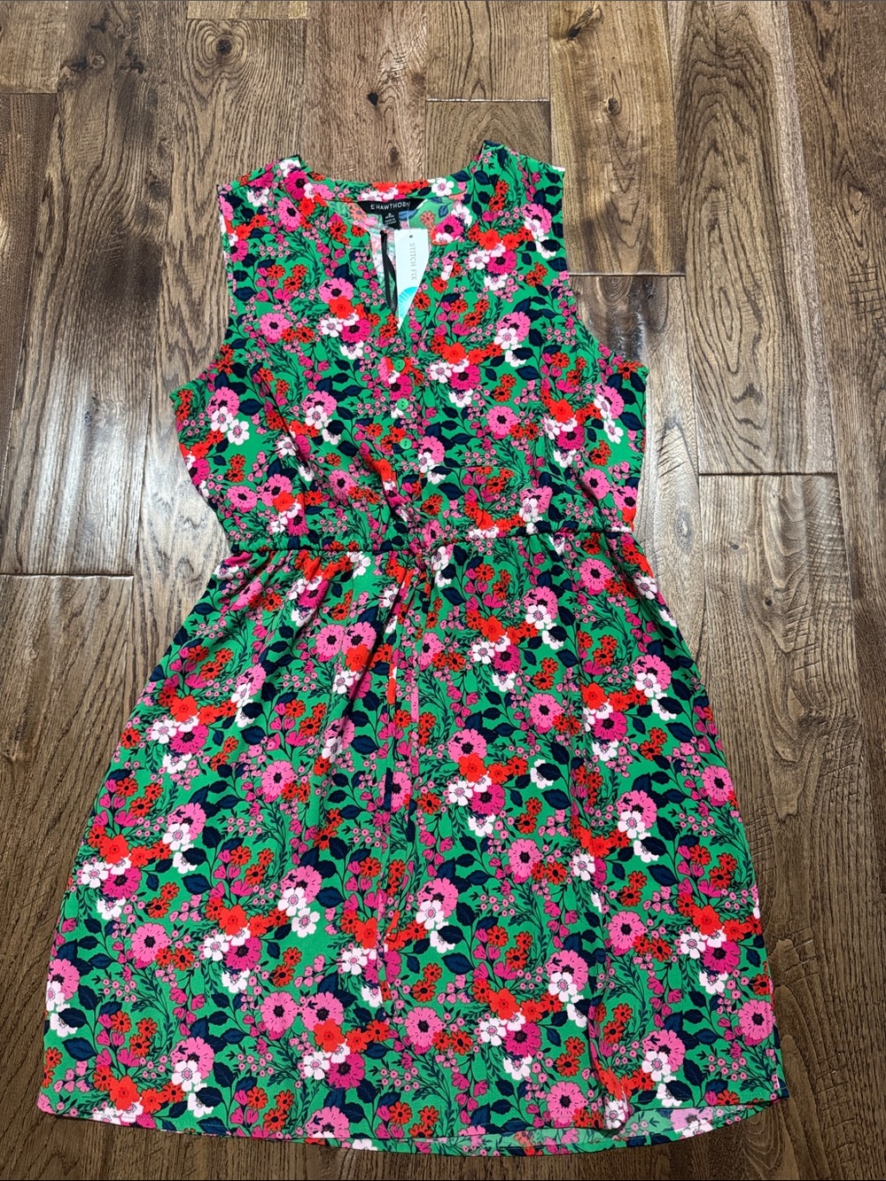 NWT 41 Hawthorn Floral Sleeveless Drawstring Dress - Green/Pink Sz MP
